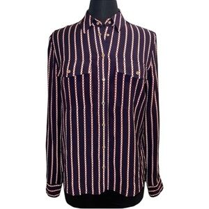 Veronica Beard 100% Silk Blouse/ Top. Snap Front. Size 4. Plum/white/Red Stripes